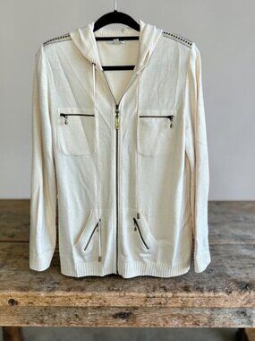 St. John Sport Cream Santana Knit Studded Hooded Full Zip Cardigan Sweater
